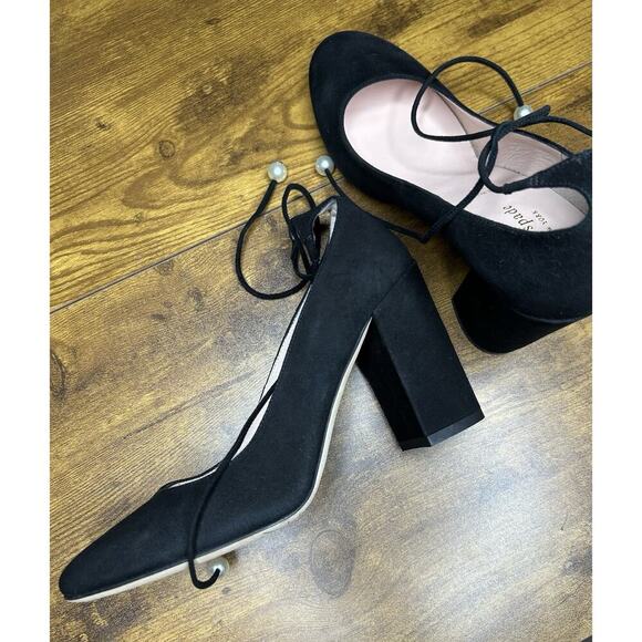 Kate Spade Black Gena Suede Ankle Tie Block Heel Pumps Size 7 1/2 - Picture 2 of 7
